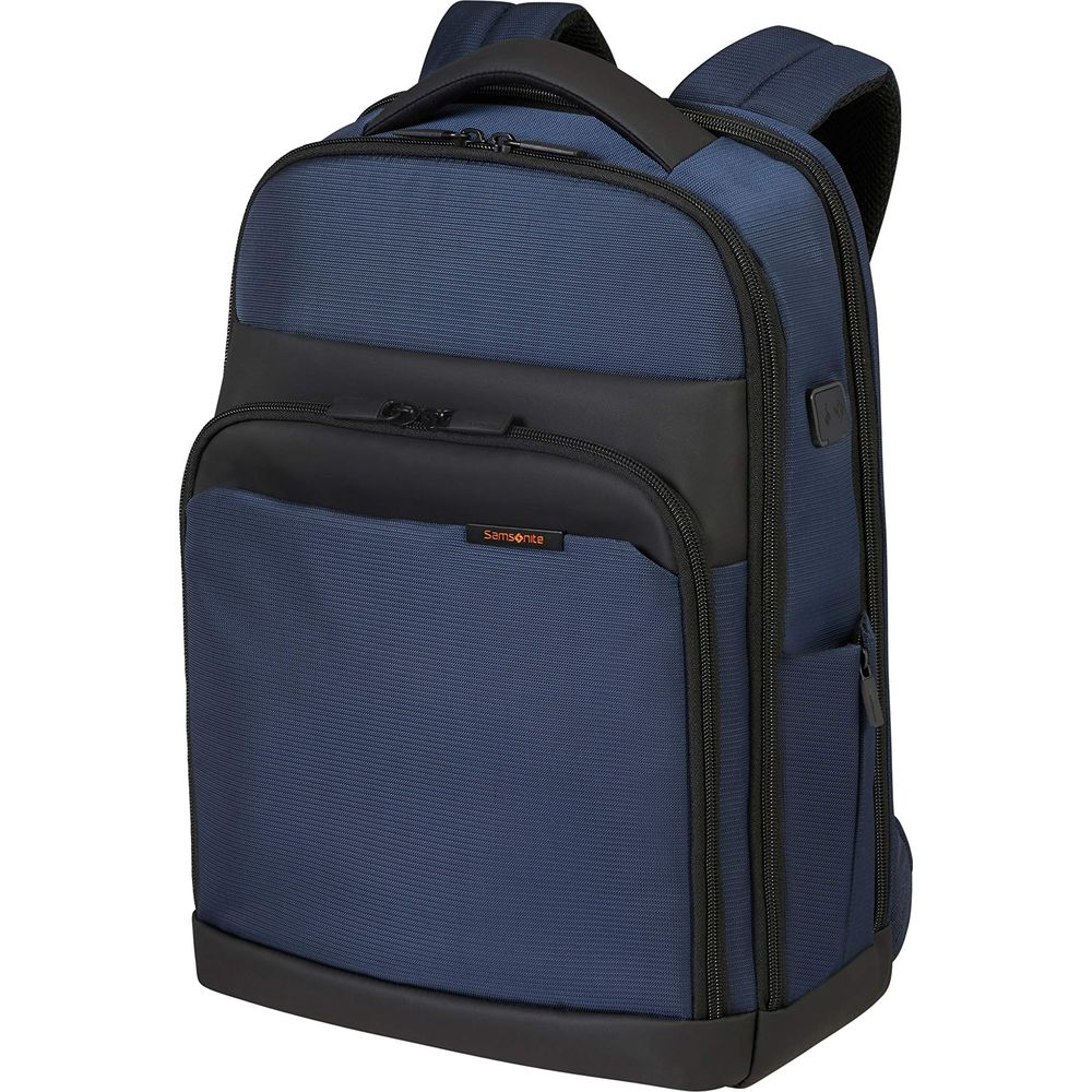 Siyah detaylı ve fermuarlı lacivert Samsonite sırt çantası.