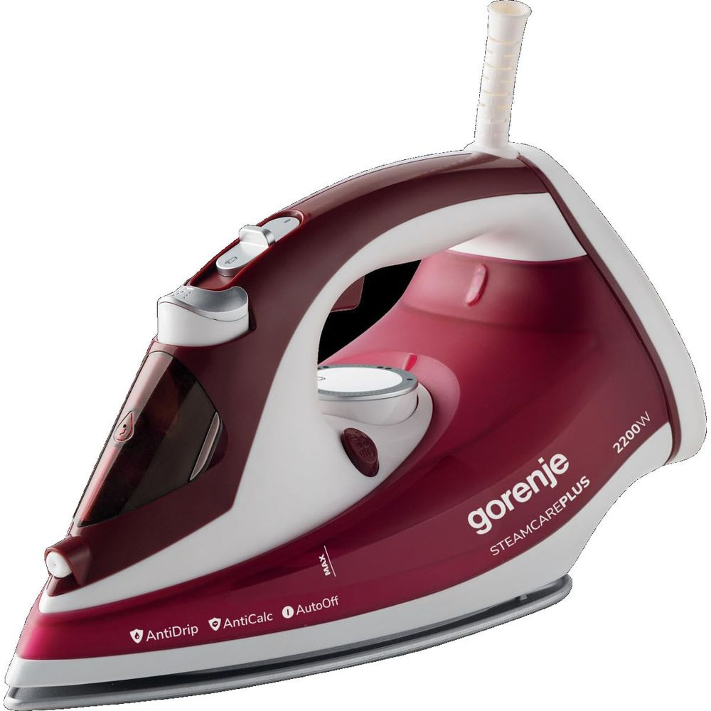 Bordowo-białe żelazko Gorenje Steamcareplus z przyciskami i okienkiem na wodę.