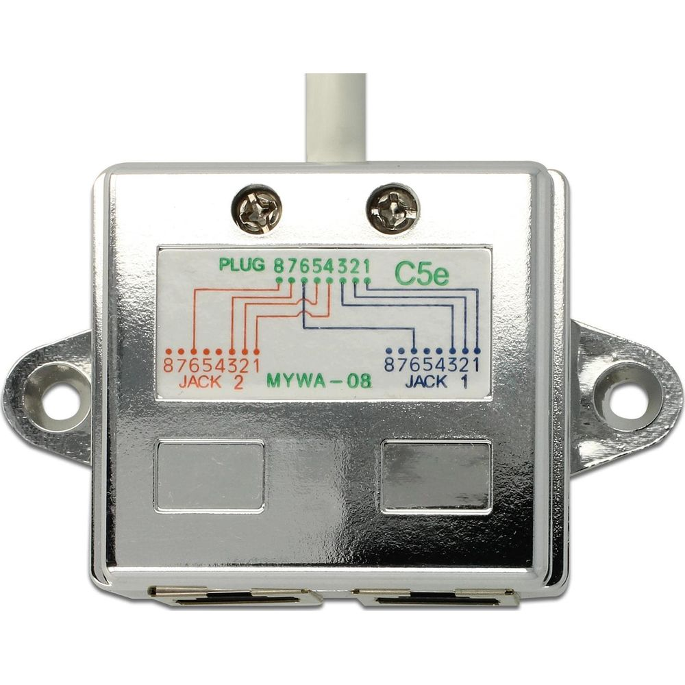 Srebrny moduł C5e z etykietą, schematem połączeń i dwoma gniazdami.