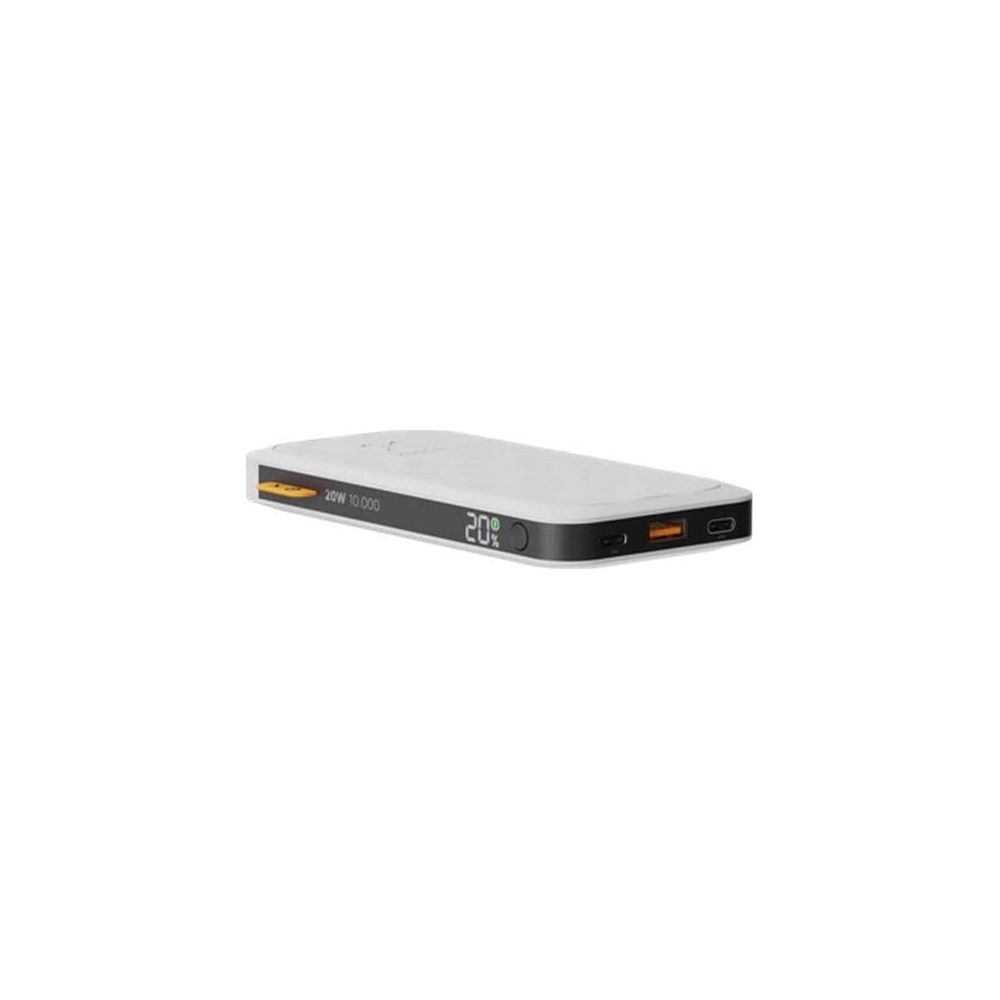 Batterie externe blanche avec écran 20% et ports de charge.