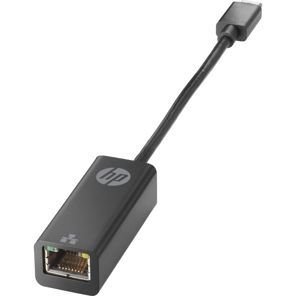 Un adattatore HP USB-C a Ethernet nero con cavo e connettore.