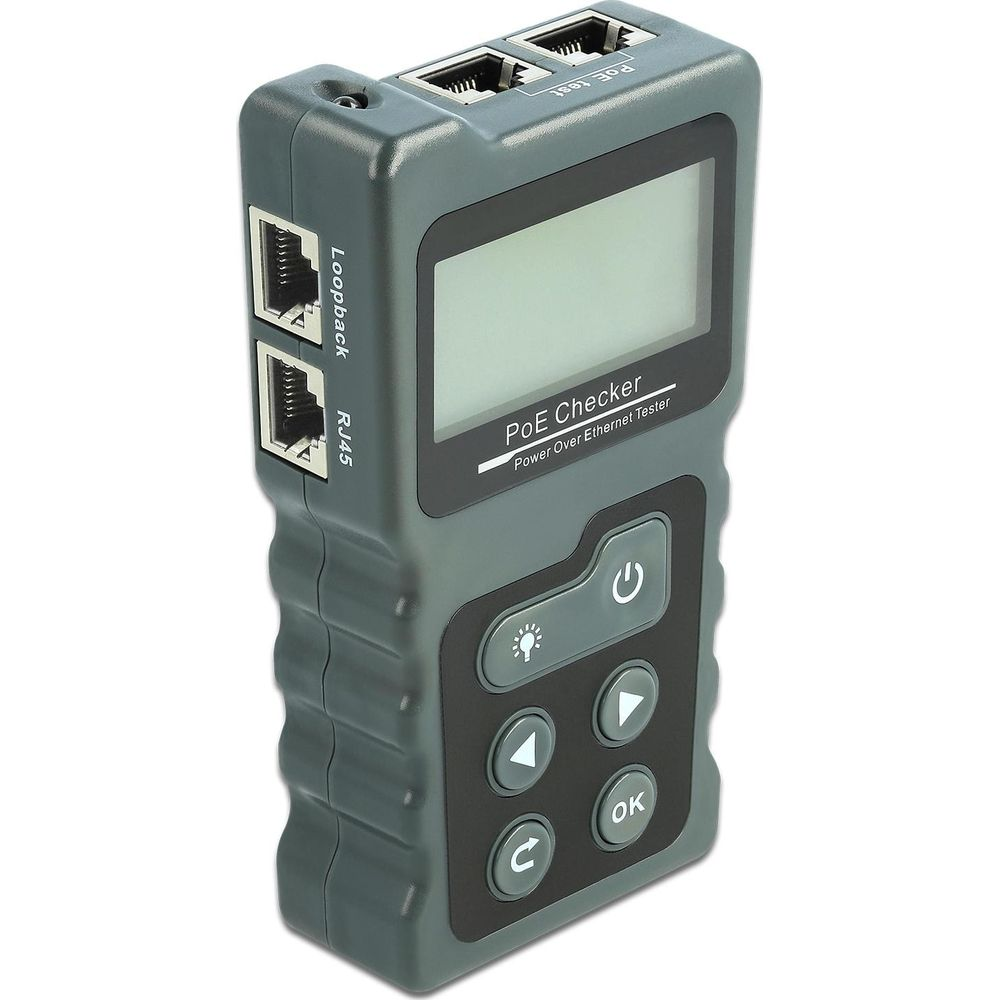 Verificatore PoE grigio con porte RJ45 e schermo LCD.
