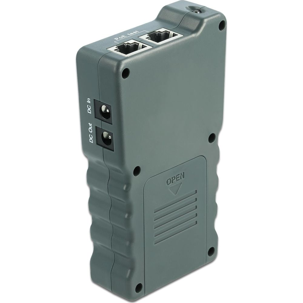 Dispositivo grigio con due porte Ethernet, ingresso/uscita CC e indicazione 'APRI'.