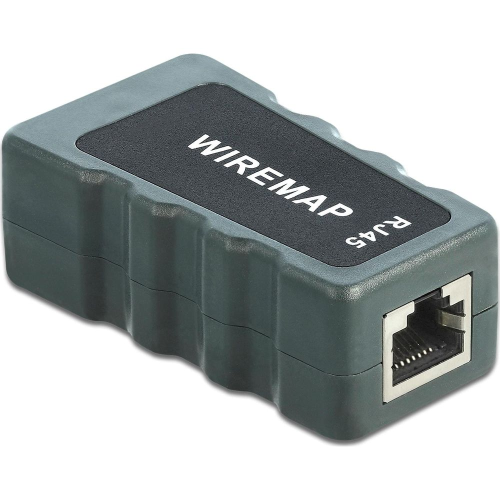 Un adattatore di rete RJ45 grigio etichettato 'WIREMAP'.