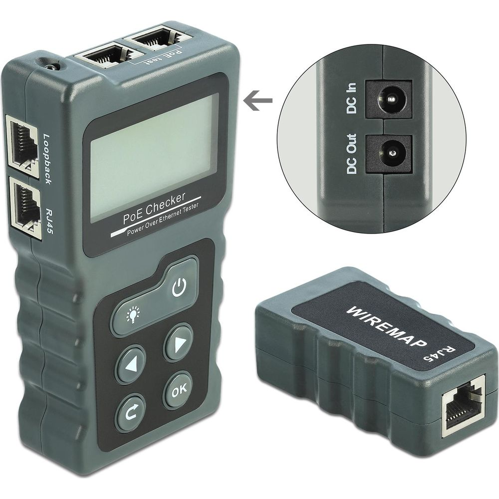 Un dispositivo di controllo PoE grigio con porte RJ45 e schermo.