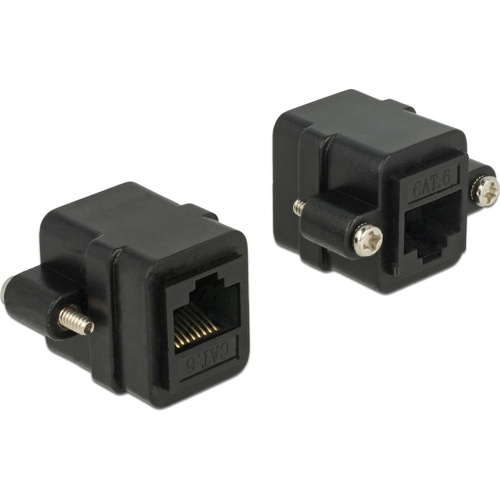 Due accoppiatori RJ45 neri con etichetta CAT.6 e viti argentate.