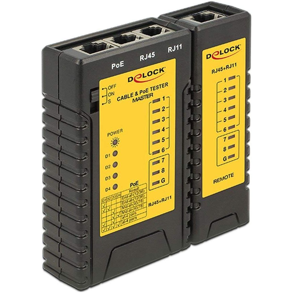 Tester per cavi e PoE nero con etichetta gialla e porte RJ45.