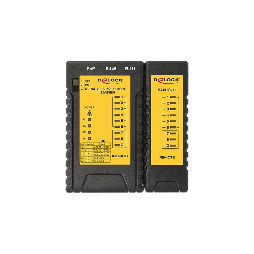 Un set tester cavi e PoE DeLOCK nero e giallo con unità master e remote.