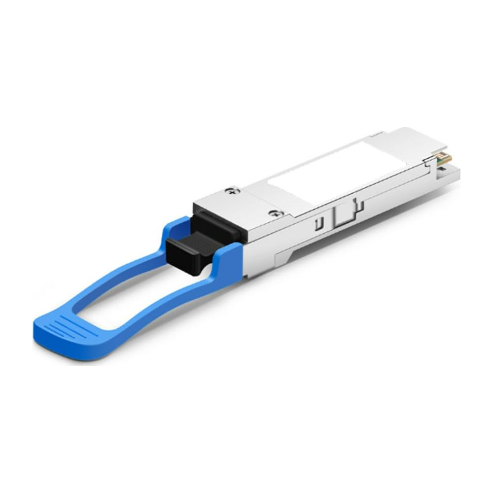 Ein weißer Netzwerk-Transceiver mit blauem Riegel und schwarzen Klemmen.