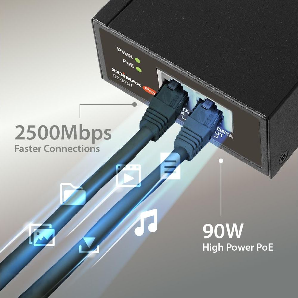 Switch Ethernet 2500Mbps i 90W PoE. Dwa podłączone kable.