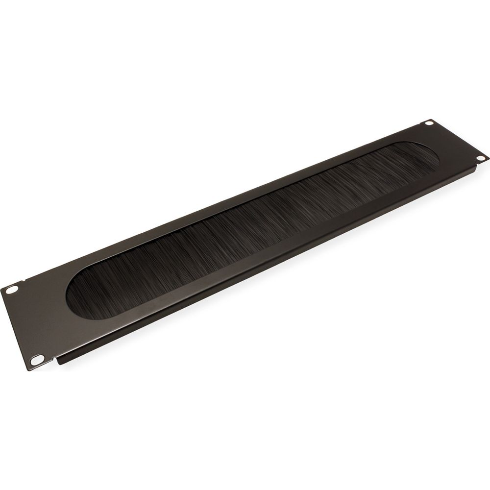 Un passacavi a spazzola nero per un rack con fori per viti.