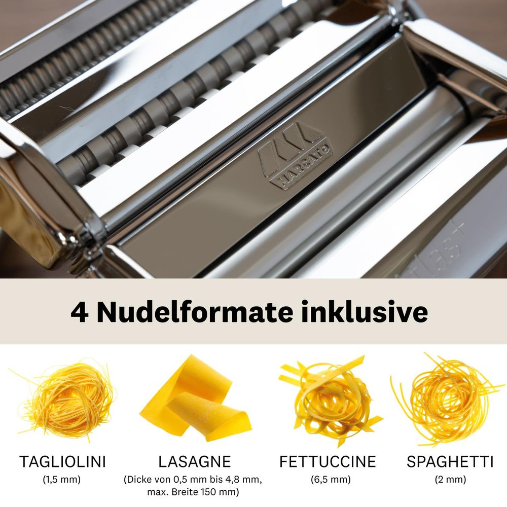 Edelstahl-Nudelmaschine mit vier Nudelarten: Tagliolini, Lasagne, Fettuccine, Spaghetti.