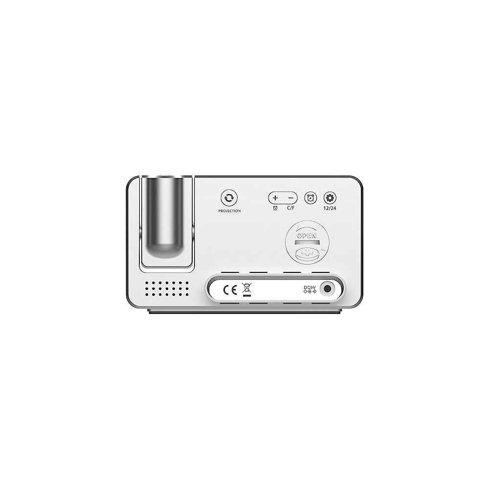Appareil blanc avec objectif de projection, boutons PROJECTION, C/F, 12/24, OPEN, CE et DC5V.