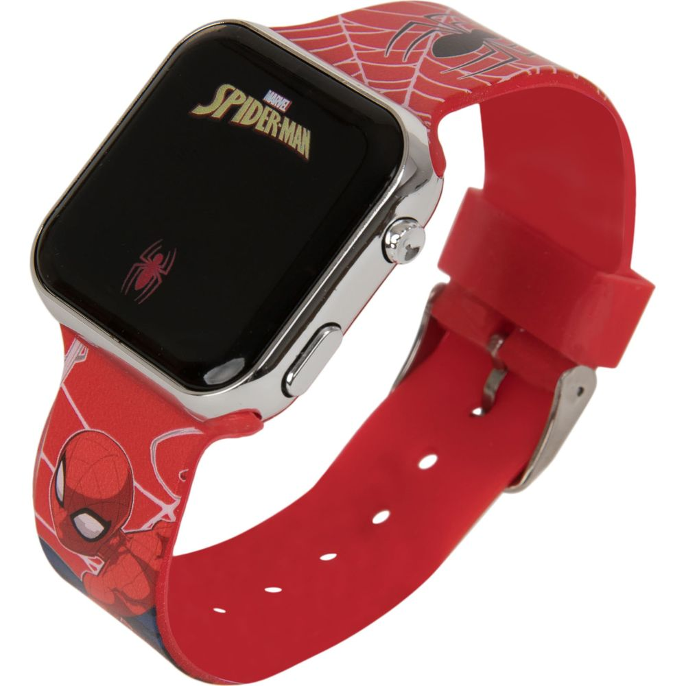 Une montre rouge Spiderman avec boîtier argenté et écran noir.