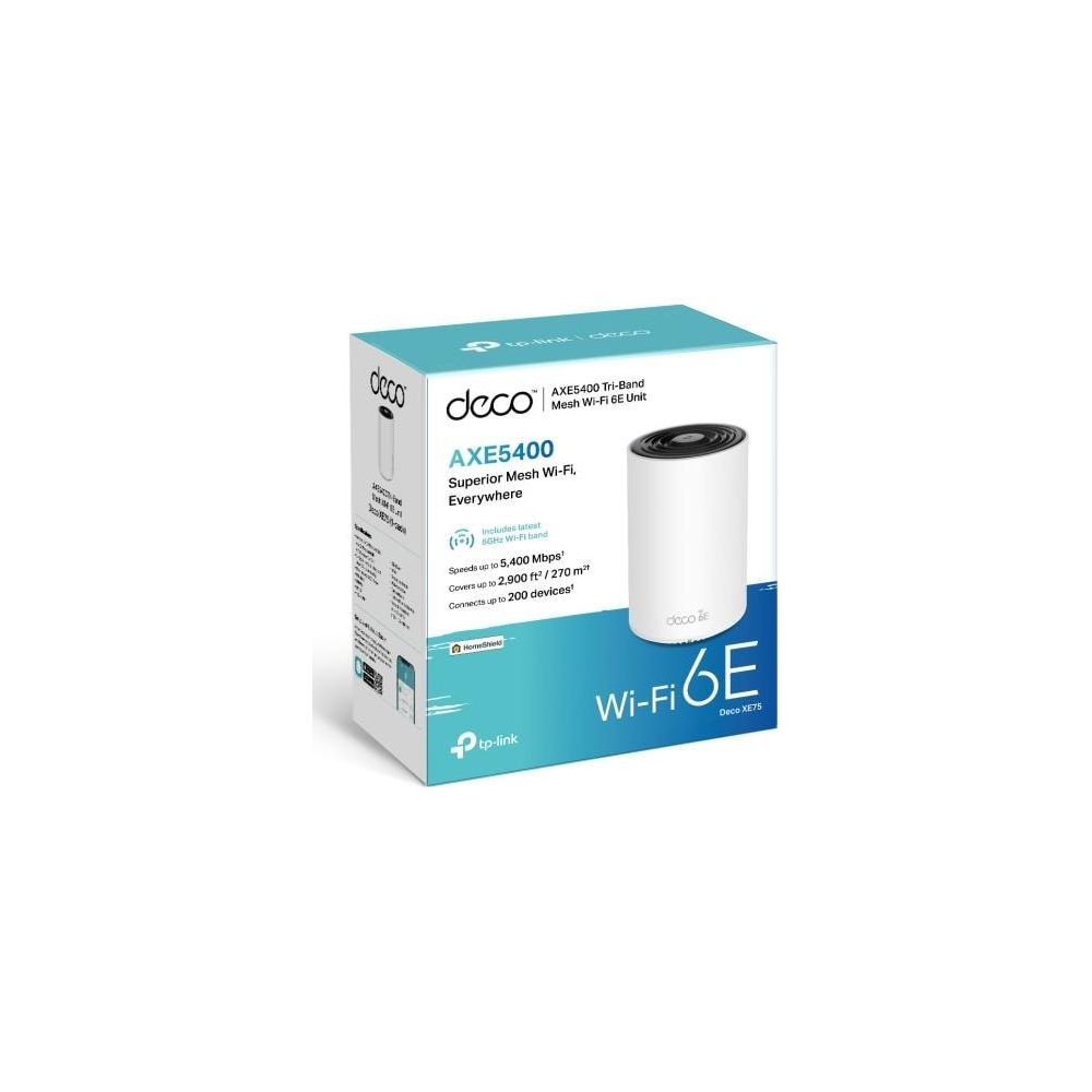 TP-Link Deco XE75 AXE5400 Tri-Band Mesh Wi-Fi 6E unit op witte doos.