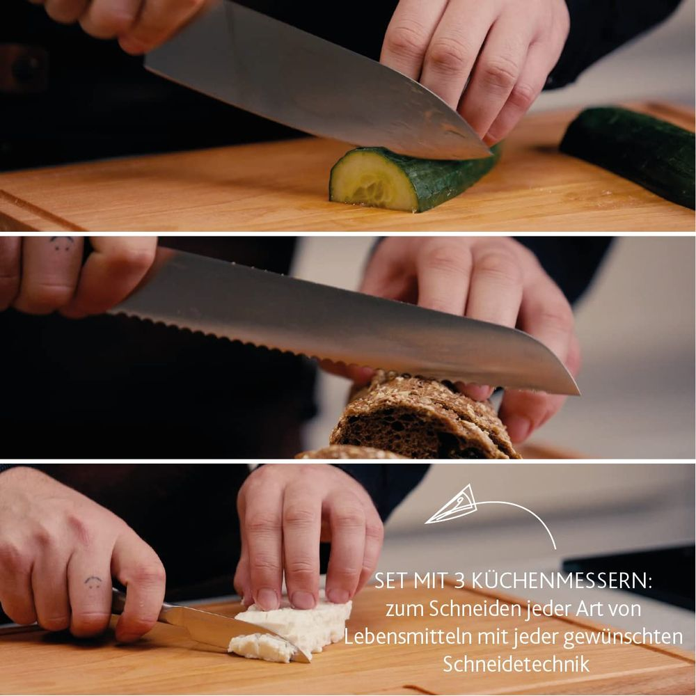 Hands chop cucumber, bread and cheese with knives on a wooden board.