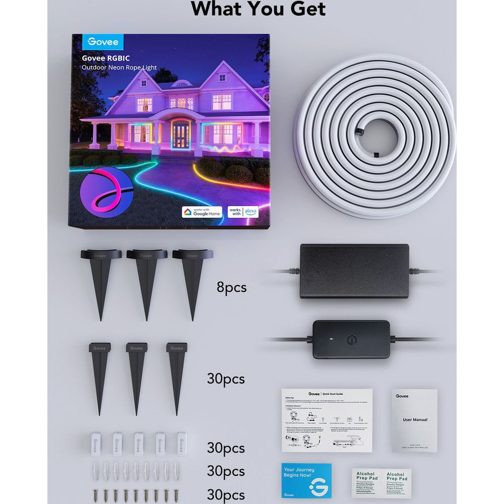 Set di luci al neon per esterni Govee RGBIC con picchetti, alimentatore e manuale.