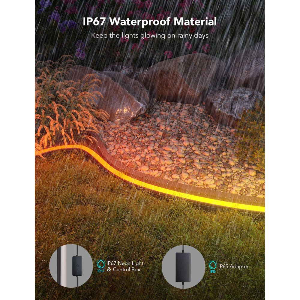 Luce al neon gialla illumina un giardino sotto la pioggia. Materiale IP67.