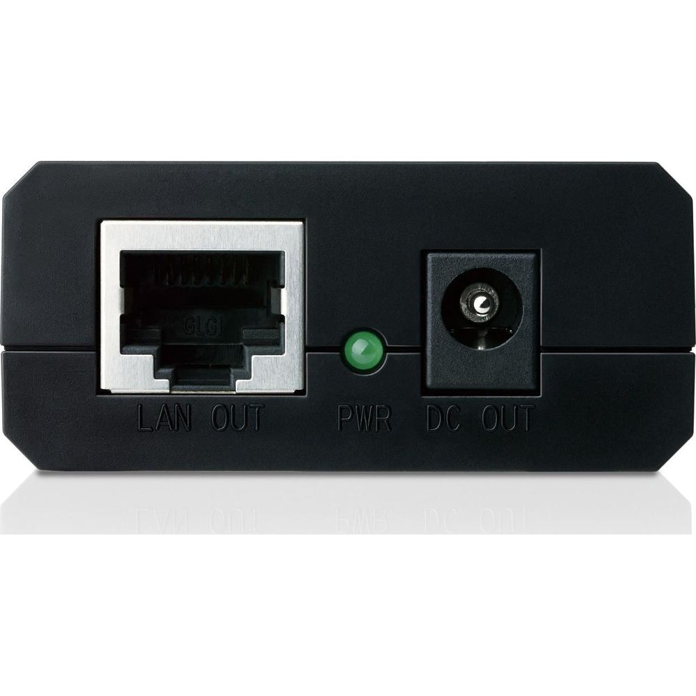 Dispositivo negro con puerto LAN OUT, LED verde y conector de alimentación DC OUT.