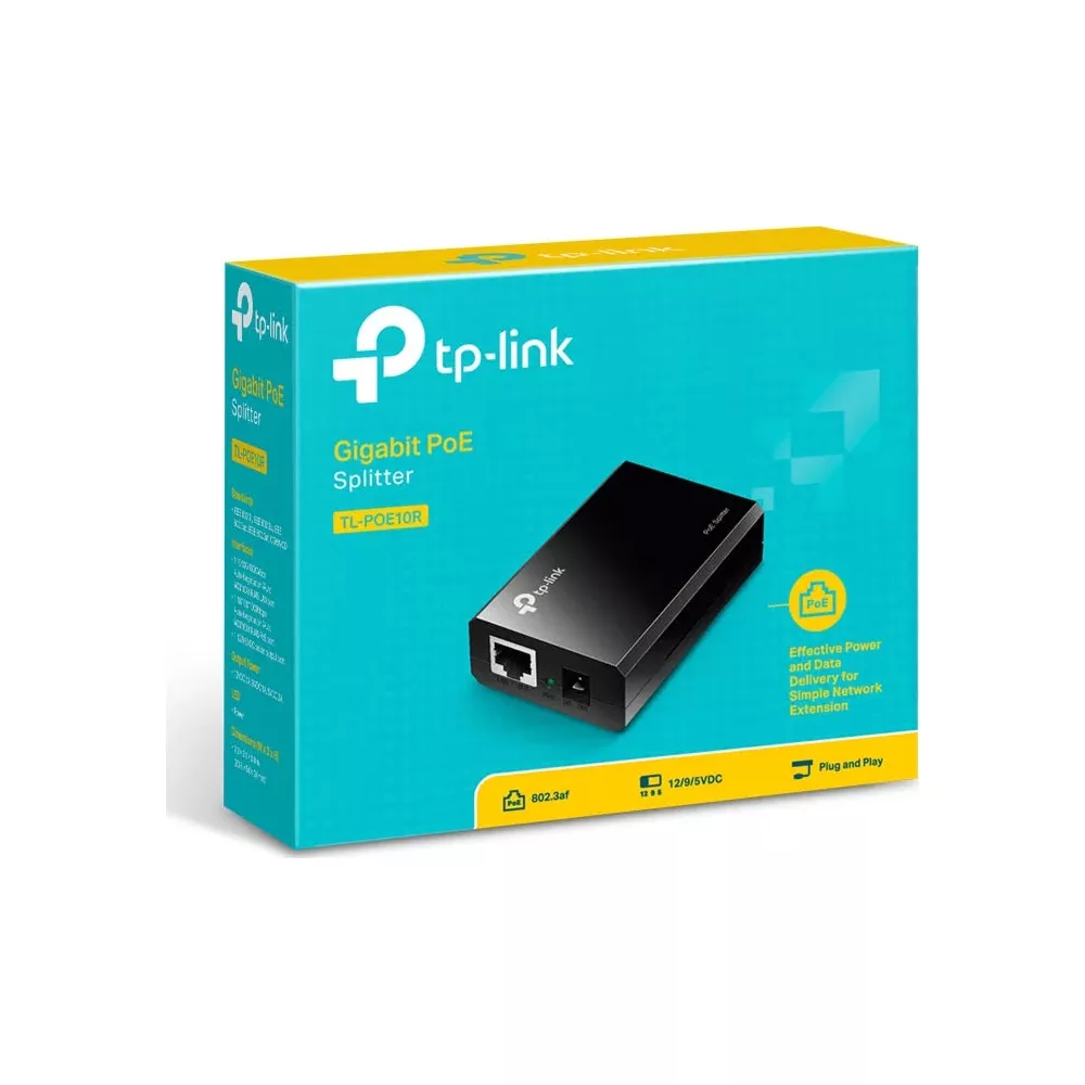 Divisor TP-Link Gigabit PoE TL-POE10R en caja azul y amarilla.