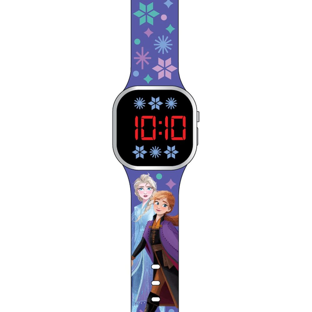Montre numérique violette avec Elsa et Anna, affichant 10:10.