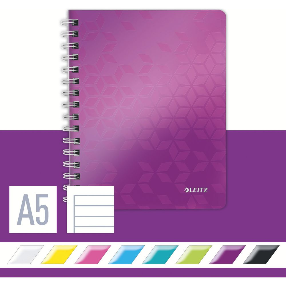 Fioletowy notatnik Leitz A5 ze wzorem geometrycznym i spirali.