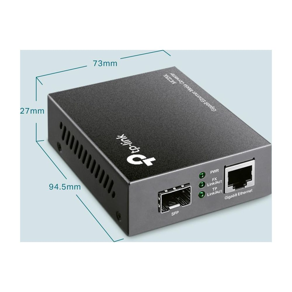 Ein schwarzer TP-Link Medienkonverter mit SFP- und Gigabit-Ethernet-Anschlüssen.