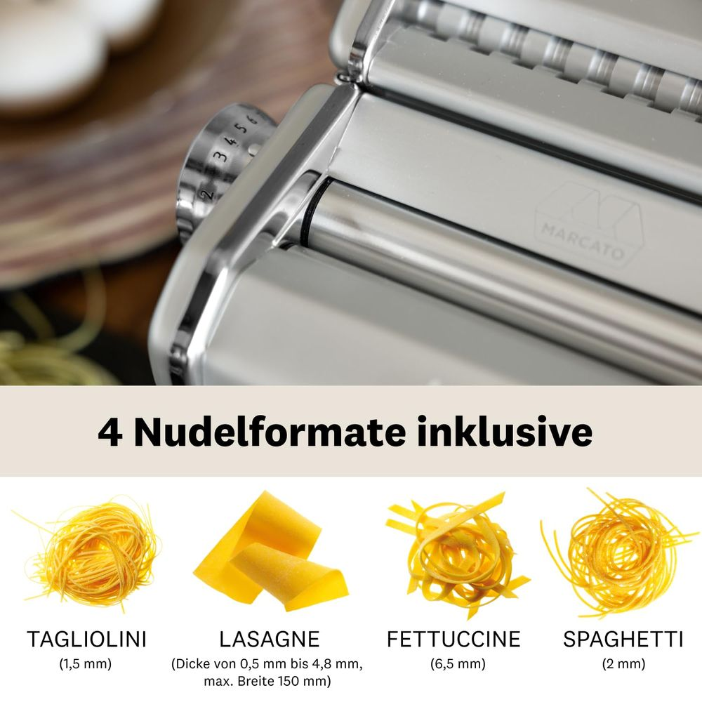 Nudelmaschine mit vier Nudelarten: Tagliolini, Lasagne, Fettuccine, Spaghetti.