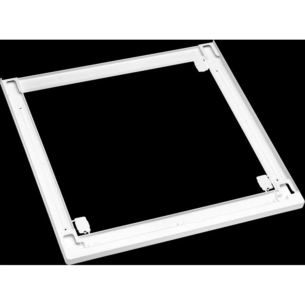 Cornice rettangolare bianca con clip e scanalature, su sfondo nero.