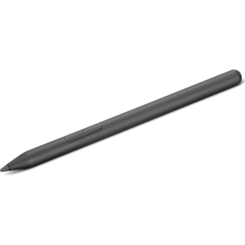 Ein grauer Eingabestift mit zwei Knöpfen und dem Lenovo-Logo.