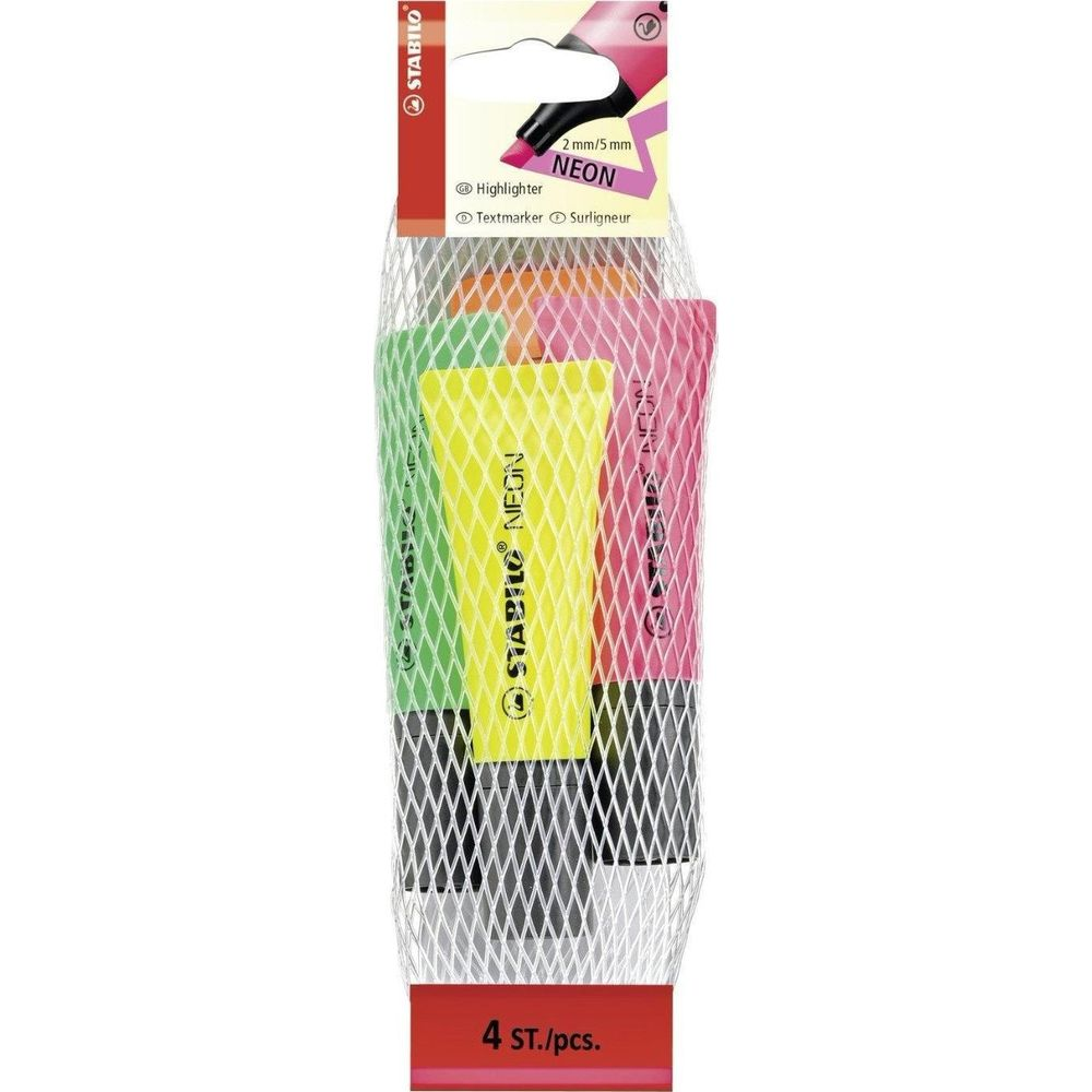 Quattro evidenziatori Stabilo Neon rosa, giallo e verde in una confezione a rete.
