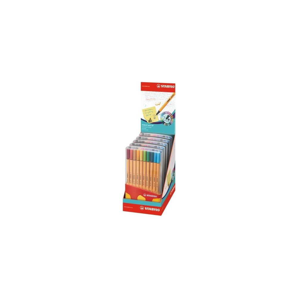 Verkaufsdisplay mit 60 Stabilo Filzstiften in bunten Farben, oben mit Logo und Produktabbildung.