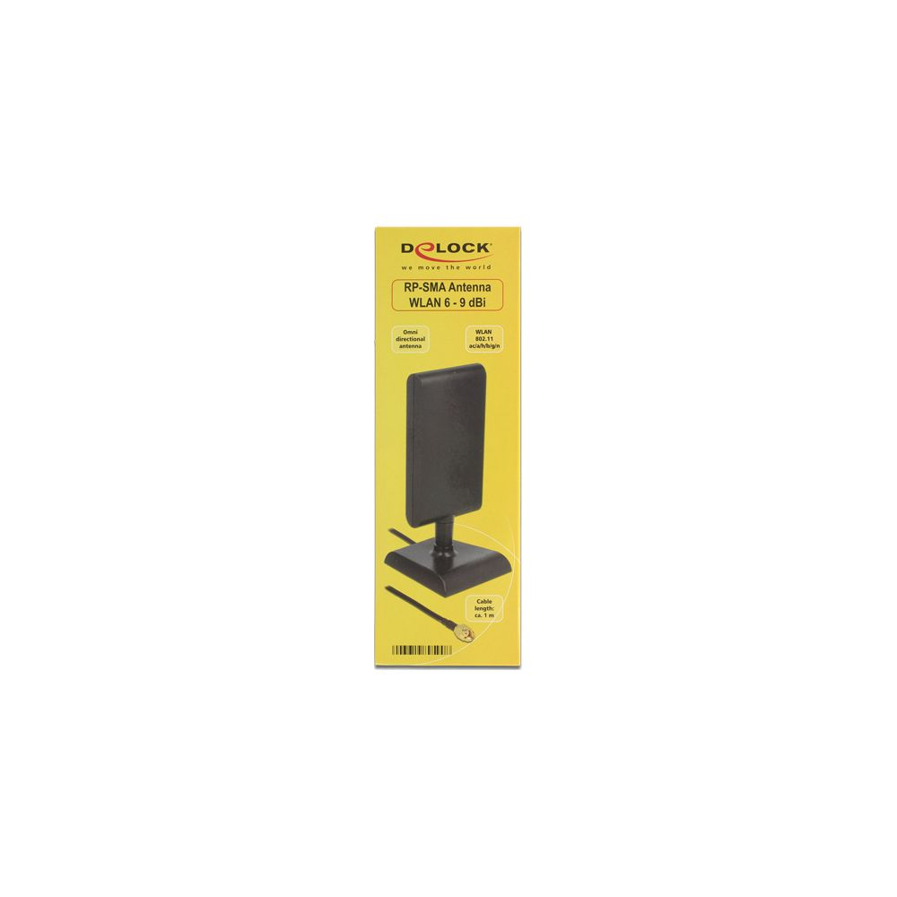 Antenna WLAN nera con supporto e cavo su confezione gialla.