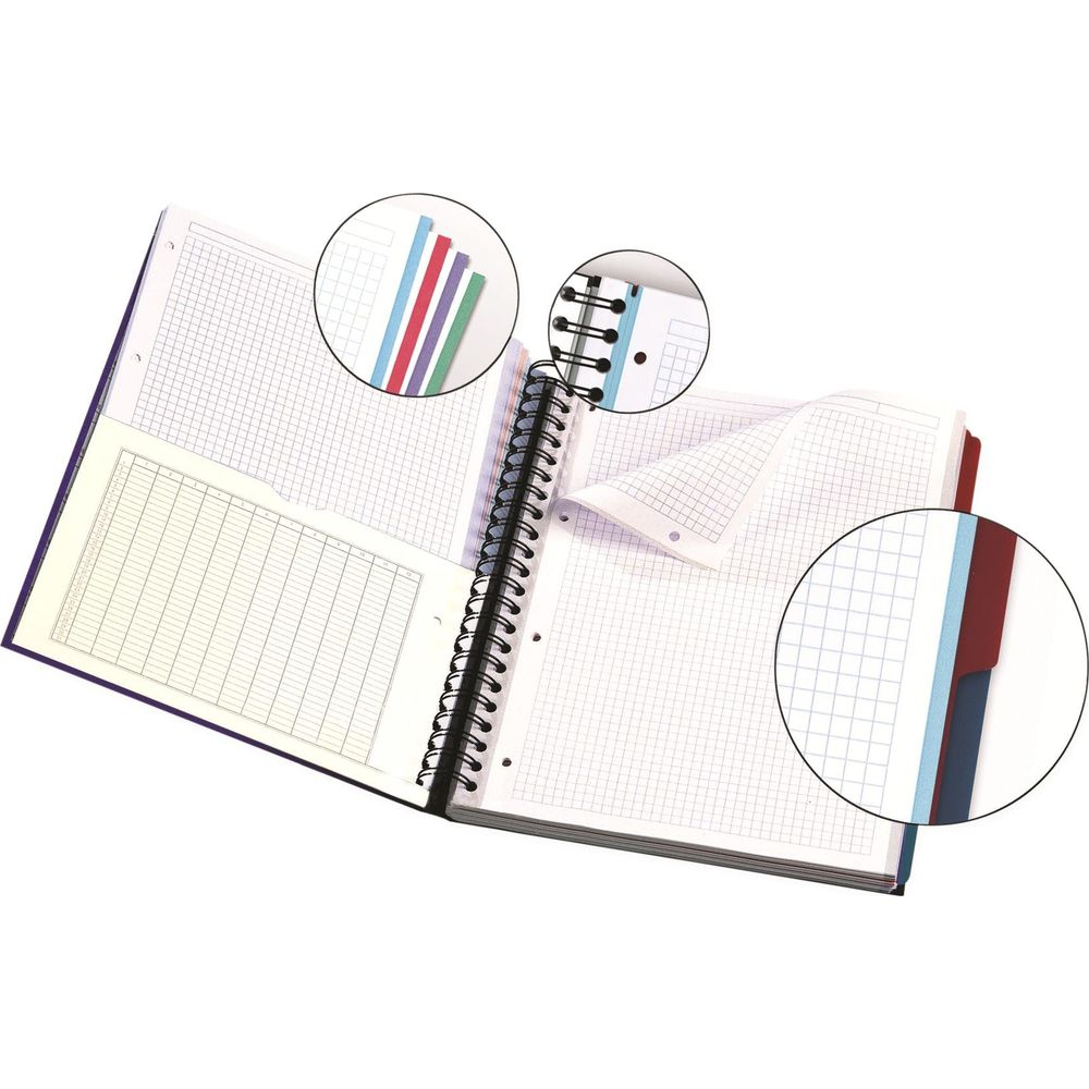 Otwarty notatnik z kartkami w kratkę i kolorowymi przekładkami.
