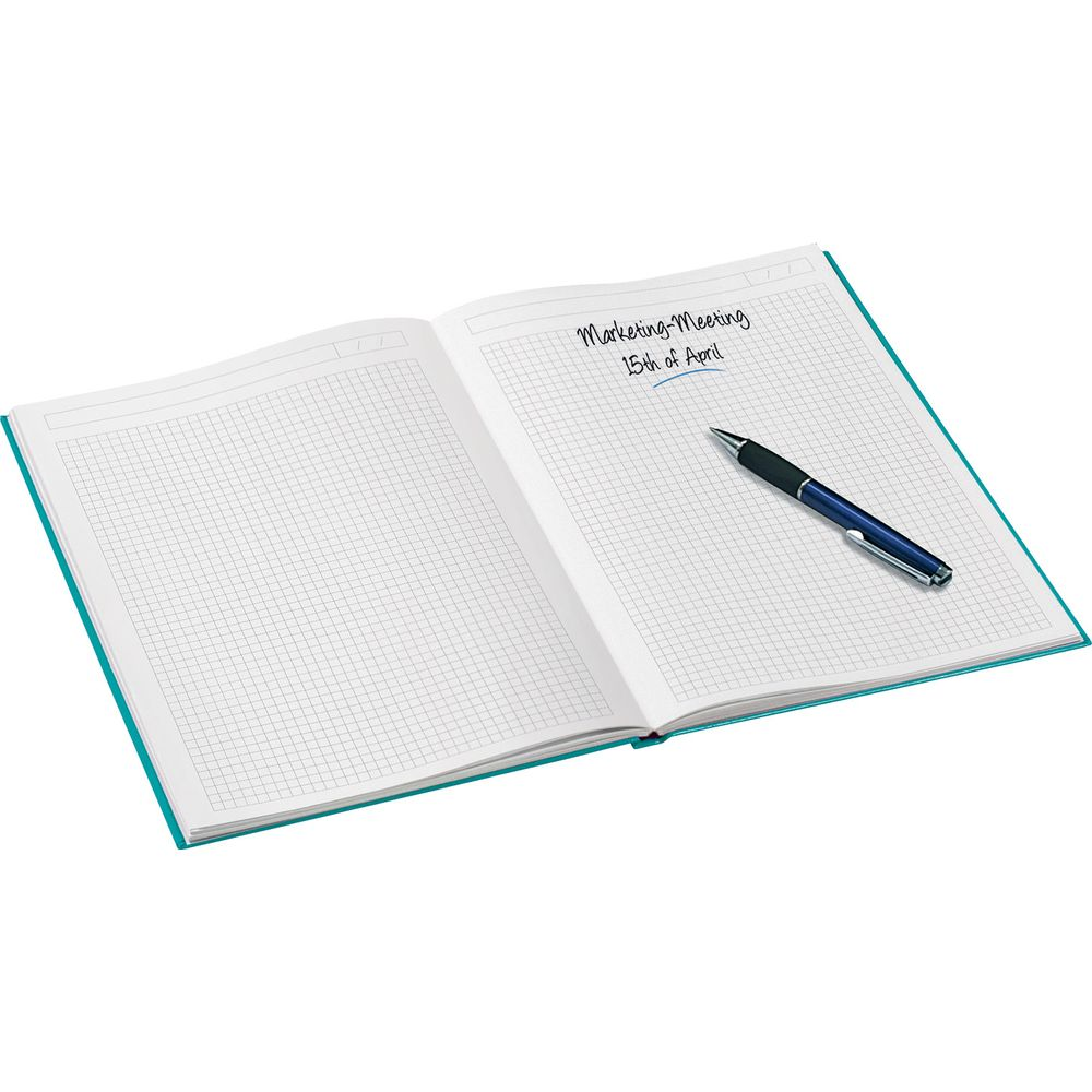 Offenes Notizbuch mit Gitterseiten und Stift. Text: 'Marketing Meeting 15th of April'.