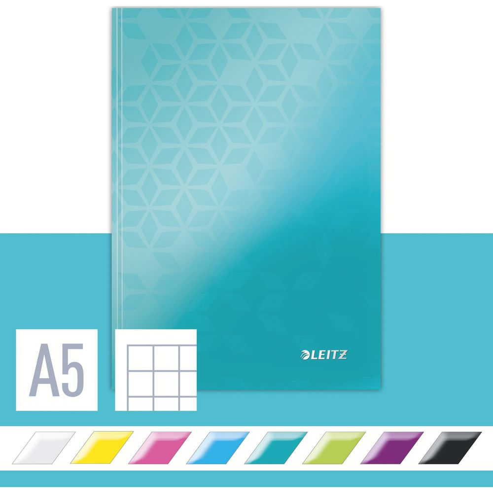 Türkisblaues A5-Notizbuch mit geometrischem Muster und Leitz-Logo.
