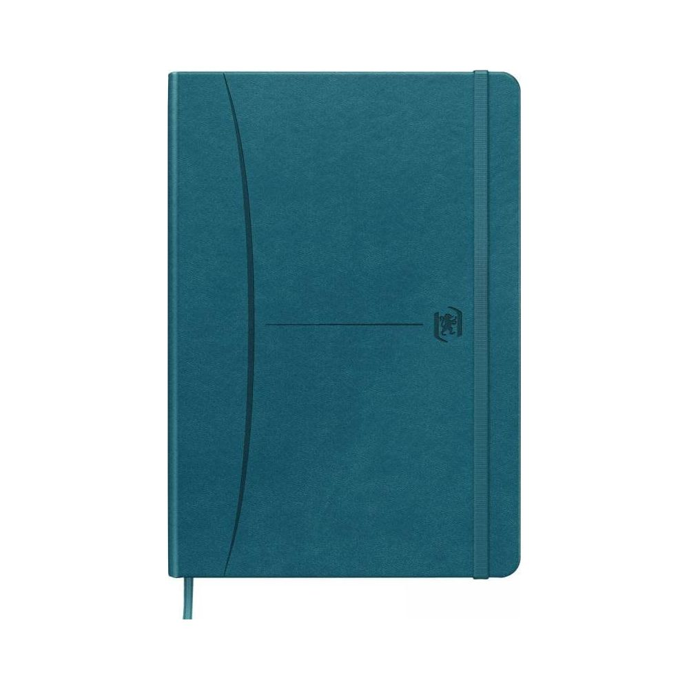 Niebiesko-zielony notatnik z gumką i małym logo na okładce.