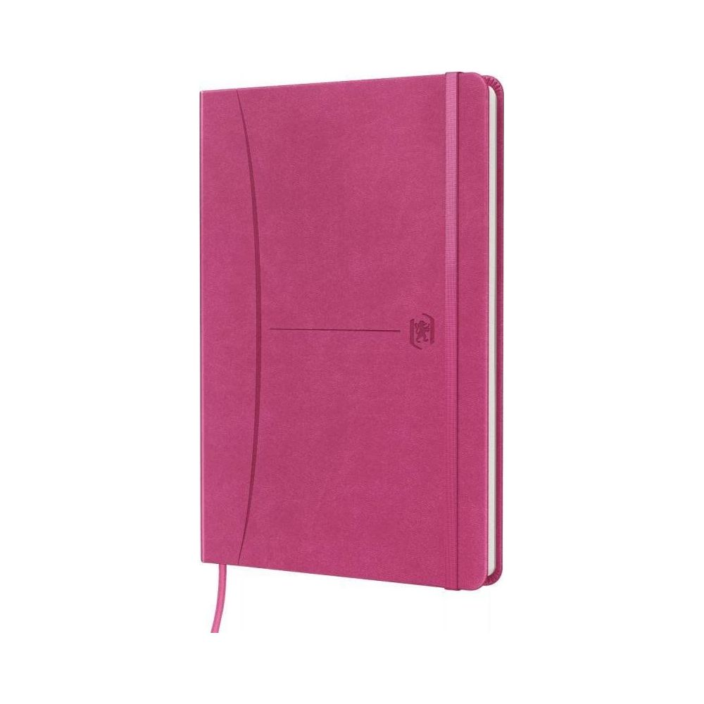 Różowy notatnik z gumką i logo.