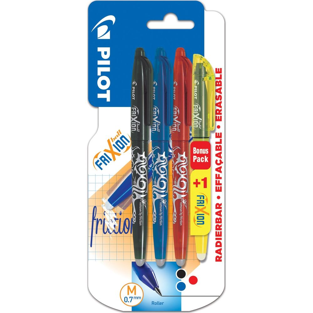 Vier Pilot FriXion Kugelschreiber in rot, blau, grün und gelb. Bonuspack mit +1 Stift.