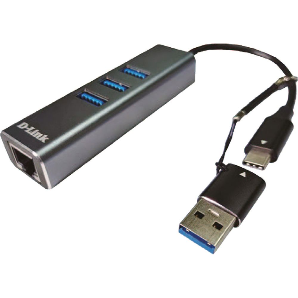 Grauer D-Link USB-C Hub mit 3 USB-A Ports und einem Ethernet-Anschluss.
