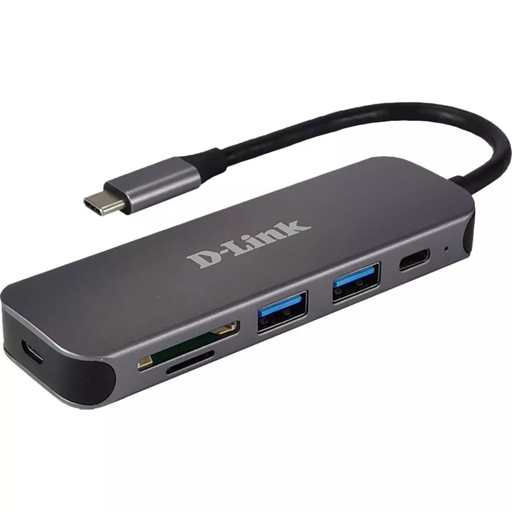 Grauer D-Link USB-C Hub mit mehreren Anschlüssen: USB-A, SD-Karte, USB-C.