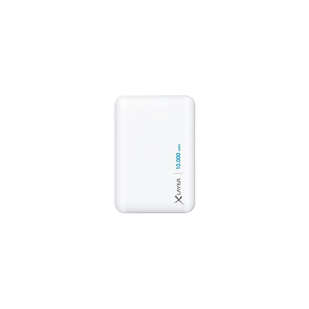Ein weißes Powerbank mit 10.000 mAh und dem Logo X LAYER.