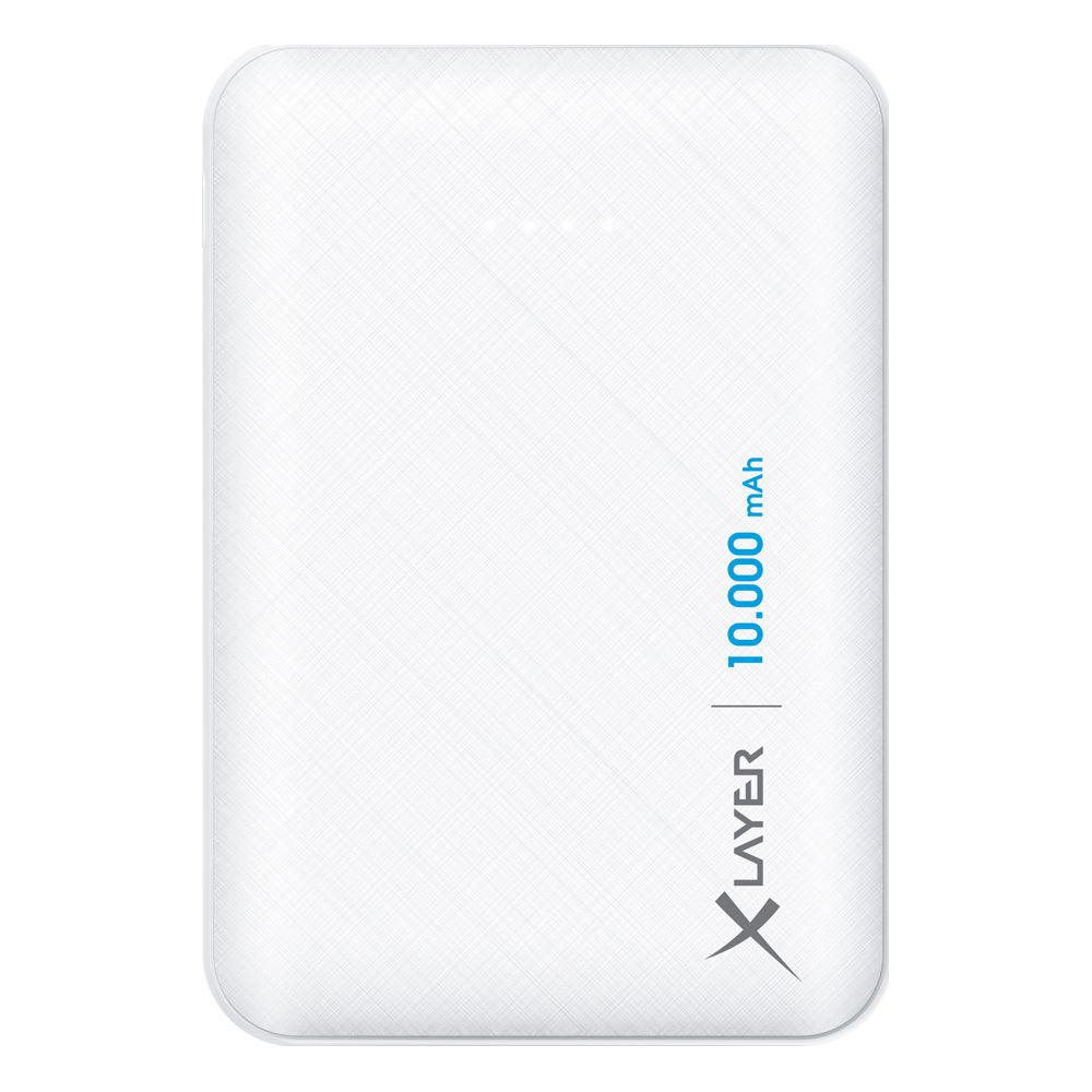 Weiße Powerbank mit Muster und "X LAYER 10.000 mAh" Beschriftung.
