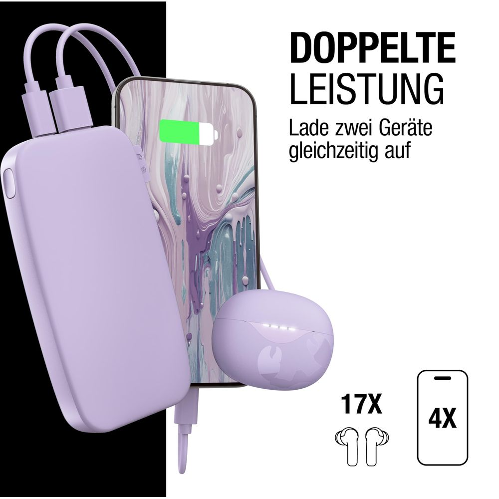 Power bank viola, smartphone e auricolari con indicatori di carica.