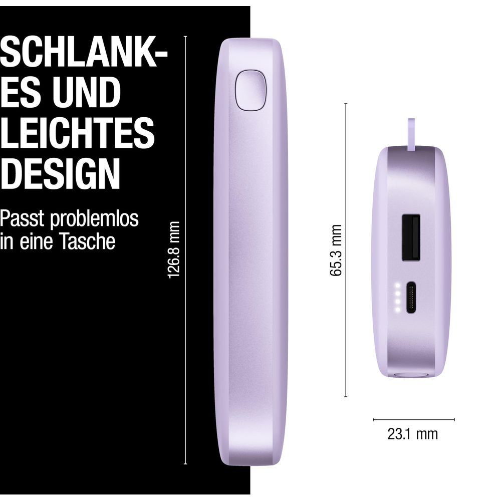 Design sottile e leggero viola. Dimensioni mostrate a sinistra e a destra.