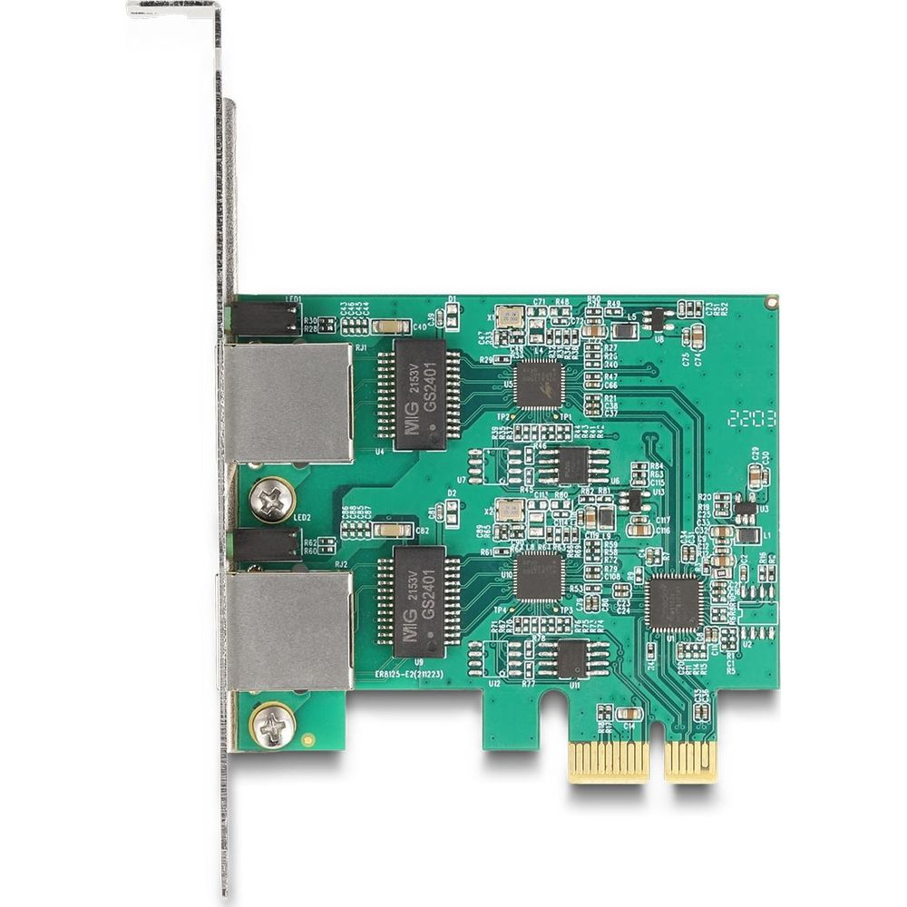Ein Netzwerkadapter mit zwei Anschlüssen und goldenen Kontakten.