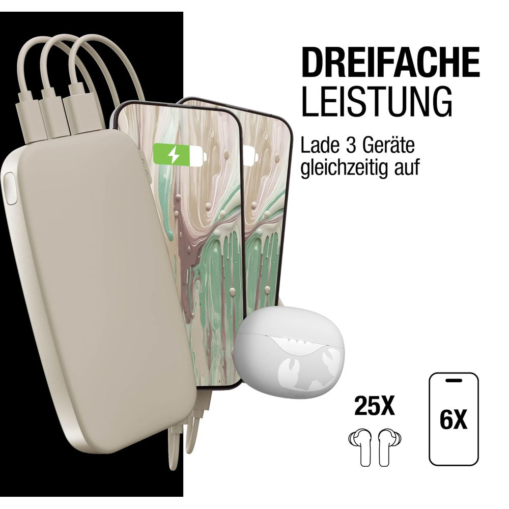 Un power bank beige carica tre smartphone contemporaneamente.