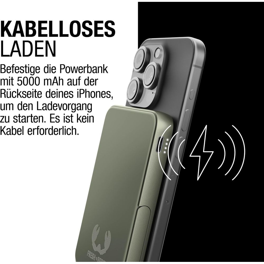 Power bank verde carica iPhone wireless. "Ricarica wireless".