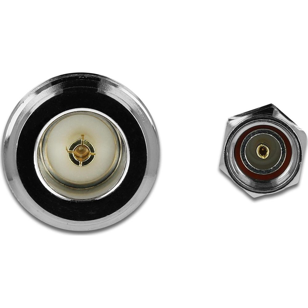 Dos conectores coaxiales, uno grande redondo y otro más pequeño hexagonal.