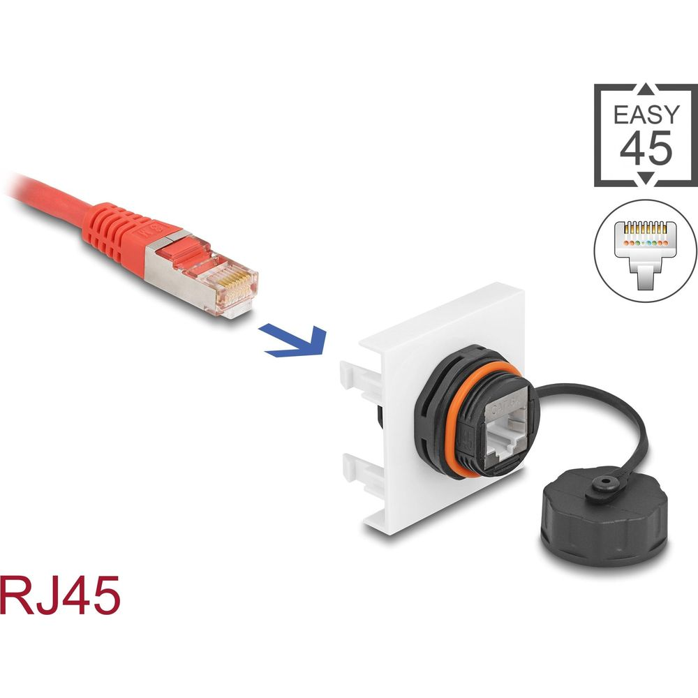 Un câble RJ45 rouge se connecte à une prise blanche.